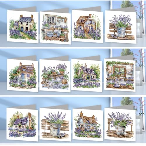 jinglinhh 12pcs Diamond Art Painting Lavender Flower House Bench Greeting Cards with Envelopes, DIY Card Making Kits for Adults, Diamond Art Postcards Christmas Cards Craft Gifts - Image 5