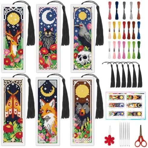 INFUNLY 6 Pack Night Animal Cross Stitch Bookmark Kit with Tassels, Stamped Pre-Printed Moon Star Embroidery for Adults Beginners, DIY Tool Set with Floss Scissors, Craft Gift for Book Lovers by INFUNLY