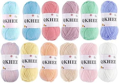 QKHEEYarn for Crocheting and Knitting 12 * 1.76 Oz (50G) /195yd,Fine/Fingering Weight (1), 60% Cotton 40% Acrylic Soft Yarn kit for Making Granny Squares and amigurumi (Honey) by QKHEE