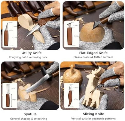 68-Piece Wood Carving Kit for Adults and Beginners, 16 Whittling Knives & Chisels, 8 Basswood Blocks, Leather Tool Roll, Safety Gloves, Paints and Templates, Carving Gift Set for Men - Image 6
