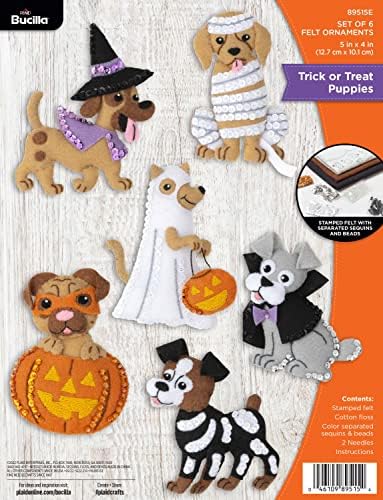 Bucilla Felt Applique 6 Piece Ornament Making Kit, Trick or Treat Puppies, Perfect for DIY Arts and Crafts, 89515E by Bucilla