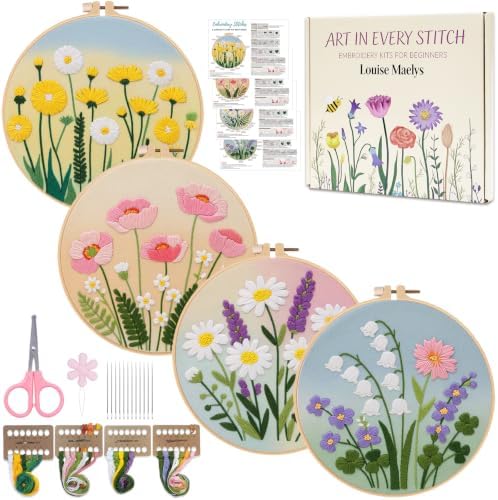Louise Maelys 4 Pack Watercolor Floral Embroidery Kit for Beginners by LouiseMaelys