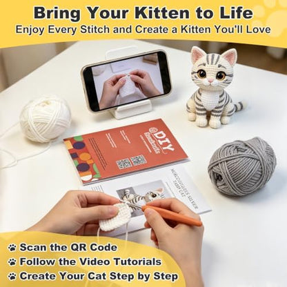 Morcolplus Realistic Cat Crochet Kit for Adults, Intermediate Amigurumi Crochet Kit with Step-by-Step Video Tutorials and All Materials Included, DIY Gift for Cat Lovers (Light Gray) - Image 5