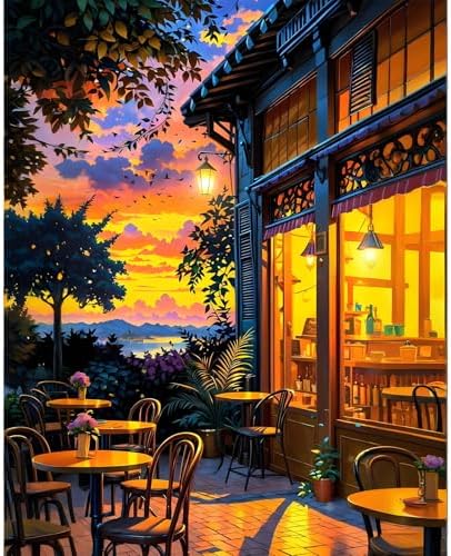 Paint by Numbers Kit for Adults, Sunset Café Number Painting Canvas Kit by CamocinDIYKit