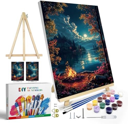 JOOZ Paint by Numbers Kit for Adults with Frame, Landscape Paint by Numbers for Adults, Moon Lake Paint by Number with Easel, DIY Acrylic Oil Painting Kit for Home Wall Decor 8 x 12 Inch by Jooz
