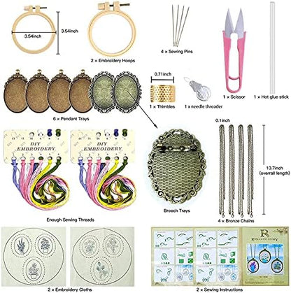 ZOCONE 6 Packs Embroidery Necklace Kits, Embroidery Pendant Kit Mini Cross Stitch Kit with Hoop, Necklace, Pendant, Brooch, Stamped Pattern Cloth, Instructions, etc. Embroidery Kits for Adults - Image 3