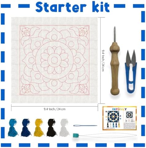 INFUNLY Mandala Punch Needle Kit Blue White DIY Embroidery Punch Needle Set for Adults Square 9.4" Punches Stitching Starter Kits with Easy to Follow Instructions Yarns Fabric Festival Gift Home Decor - Image 2