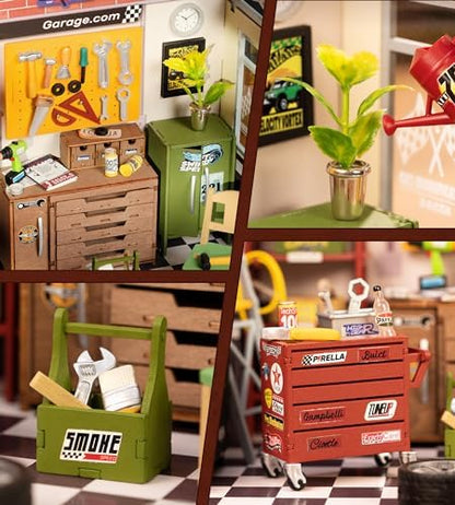 Rowood Miniature House Kit,DIY Miniature Dollhouse Craft Kits for Adults,Mini House Kits with LED,Birthday for Ages 14+(Garage Workshop) - Image 5