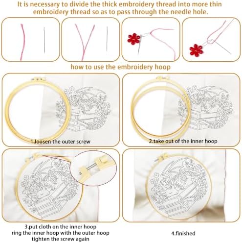 BEUNITONE 4 Set Embroidery Kits for Beginners with Dragon Pre-Print Patterns, DIY Craft Kits Include Instructions and 2 Embroidery Hoops, Cross Stitch Needlepoint Kits for Craft Lover and Home Decor - Image 3