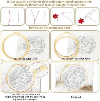 BEUNITONE 4 Set Embroidery Kits for Beginners with Dragon Pre-Print Patterns, DIY Craft Kits Include Instructions and 2 Embroidery Hoops, Cross Stitch Needlepoint Kits for Craft Lover and Home Decor - Image 3