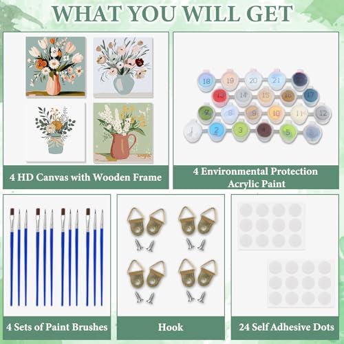 NAIMOER 4 Pack Flowers Paint by Numbers Kits for Adults Beginner with Wooden Framed, Color by Numbers on Canvas Painting Kits for Adults, Easy Paint DIY Acrylic for Home Wall Decor 8X8 Inch - Image 4