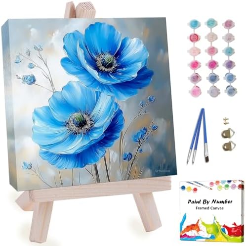 Artunion Framed Paint by Numbers Kit for Adults Beginners & Kids Ages 8-12,Blue Flowers Paint by Number with Frame,Abstract Poppy Paint by Numbers Kit on Canvas 10 * 10 Inch Without Easel by ArtunionDriect