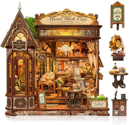 CRIOLPO Book Nook Kit for Adults Floral Coffee Shop House with LED Light by CRIOLPO