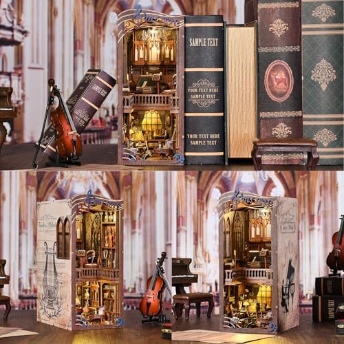fifijoy Book Nook Kit - Timeless Melody DIY Miniature House Kit, 3D Wooden Puzzle Bookend Bookshelf with LED Light for Adults (Timeless Melody) - Image 5