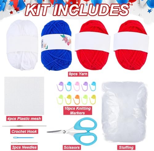 WEBEEDY 4 Sets DIY Flag Crochet Pouch Kit for Adults Beginners, Complete DIY Crochet Knitting Bag Keychain Craft Set with Red White Blue Yarn, Video Tutorial for Patriotic Independence Day Decor Gift - Image 2
