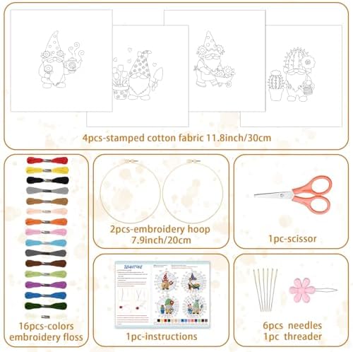 BEUNITONE 4 Set Gardener Gnome Embroidery Kit for Adult Beginners with Hoop - Image 2