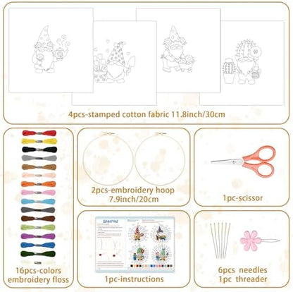 BEUNITONE 4 Set Gardener Gnome Embroidery Kit for Adult Beginners with Hoop - Image 2