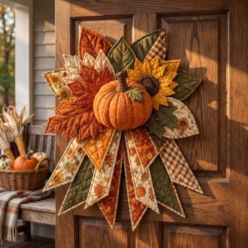 TREBIN 2026 DIY Quilted Halloween Pumpkin Door Hanger Kit, Wreath Patchwork Bow Sewing Kit, Fabric Sewing Craft for Adults & Beginners, Fall Wall Decor, Seasonal Holiday Gift (Scarecrow) - Image 4