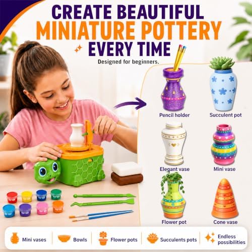 Precision Mini Pottery Wheel for Kids – Mini Pottery Kit with Strong Motor, Air Dry Clay & 6 Precision Shape Guides – Create Miniature Vases, Bowls & Candle Holders – Pottery Kit for Kids Ages 8-12 - Image 2