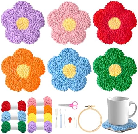 WATINC Punch Needle Coaster Kit - 6 Pattern DIY Craft for Beginners, Flower by WATINC