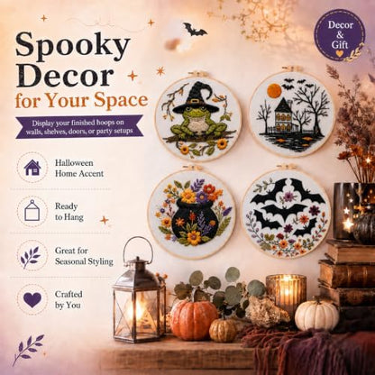 vadeny Halloween Embroidery Cross Stitch Kit for Beginners Adults Gothic Needlepoint DIY Craft Frog Haunted House Cauldron Bat Pattern 4 Set Sewing Hanging Decor with Needles Threads - Image 4