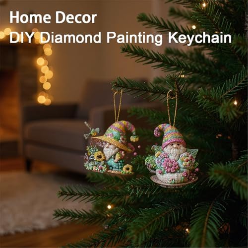 15 pcs Summer Theme Diamond Art Keychain Ornaments Double Sided 5D DIY Diamond Painting Keychain Kits for Adults Key Ring Art Pendant Decor (Gnome) - Image 5