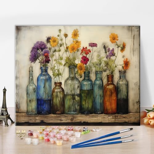 TUMOVO Abstract Paint by Numbers for Adults Flowers Bottles Vintage DIY Adult Paint by Number Kits on Canvas Rustic Sign Watercolour Draw Painting by Numbers Oil Painting Art Crafts 16x20 in by TUMOVO