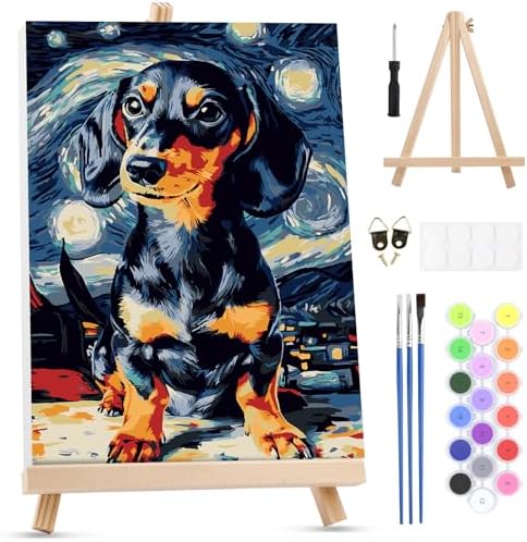 MXJSUA Starry Sky Dachshund Dog Paint by Numbers Kit with Frame for Adults, Animal Easy Beginners Paint by Number on Canvas with Easel, Acrylic Number Painting Craft Gifts for Home Decor, 8x12 inch by MXJSUA-DiamondPaintingkits