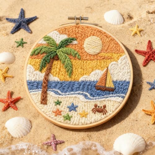 INFUNLY Sea Beach Punch Needle Kits for Adults Beginners Coconut Trees Needle Embroidery Starter Kit Boats DIY Punch Needles Kit with Instruction Needles Fabric for Art Crafts Festival Gift Home Decor - Image 6
