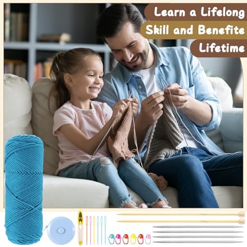 Maasechs Knitting Kit for Beginners Adults Learn to Knit Hat Scarf Glove Complete Knitting Starter Kit with Yarn, Needles, Faux Pom Pom and Step by Step Instruction for Women and Men (Lake Blue) - Image 5