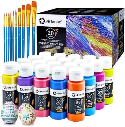 Artecho Acrylic Paint Set 20 Metallic Colors 2oz/59ml with 10 Brushes by Artecho