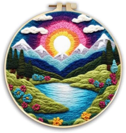 CaptainCrafts DIY Needle Felting Starter Kit with Picture Hoop, Foam Pad, Felt Cloth, Instructions for Home Decoration, Beginner Art Craft (Mountains Rivers Sunshine abound) by CaptainCrafts