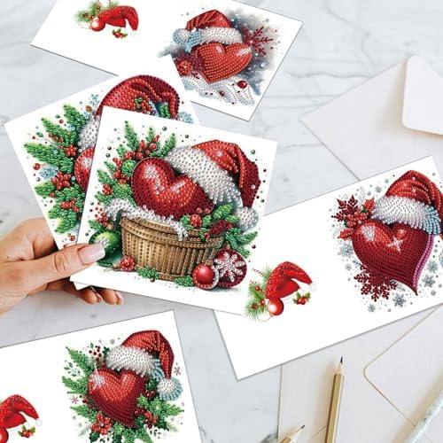 antor 6 Pack 5D Christmas Diamond Painting Cards, Heart Design with Santa Hat DIY Diamond Art Cards with Envelopes, Handmade Rhinestone Valentine’s Day Greeting Card Set for Adults - Image 7