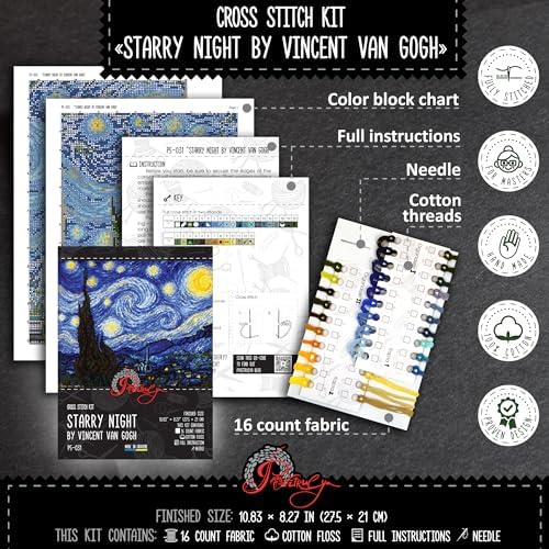Povitrulya Counted Cross Stitch Kit for Adults 'Starry Night' by Vincent Van Gogh - Impressionist Art - Embroidery Set with Pattern, Famous Painting Design - Image 3