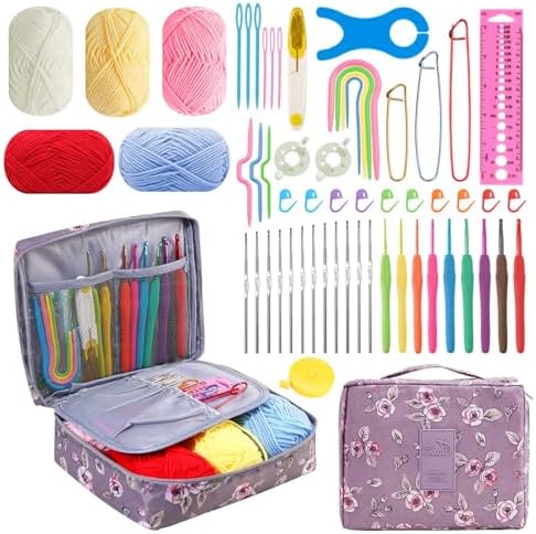 HATINXIA 58pcs Crochet Kit Beginners, Crochet Hook Set with Yarn, Portable Crocheting Kit for Starter, Ergonomic Crochet Needles Tools DIY Knitting Accessories for Experienced Crochet Lovers, Purple by HATINXIA