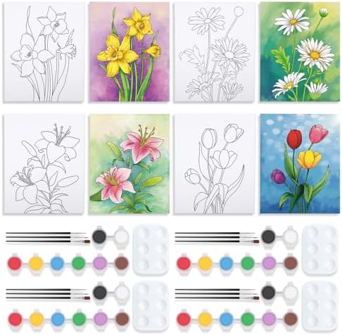 VOCHIC 4 Pack Sip and Paint Kit, Pre Drawn Canvas for Painting for Adults Kids Pre Printed Canvas to Paint Party Supplies Girls Night Games Date Night Art Set Flower Theme 8x10 in by VOCHIC