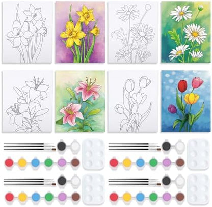 VOCHIC 4 Pack Sip and Paint Kit, Pre Drawn Canvas for Painting for Adults Kids Pre Printed Canvas to Paint Party Supplies Girls Night Games Date Night Art Set Flower Theme 8x10 in by VOCHIC