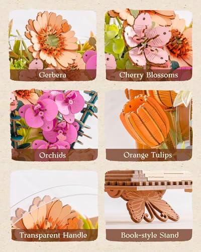 Wowood 3D Wooden Flower Puzzles for Adults-Wooden Bloom Book, Mothers Day DIY Crafts Model Kits Building Set Birthday Gifts, Artificial Botanical Decor Creative Gift for Women to Table Dispaly(552PCS) - Image 3