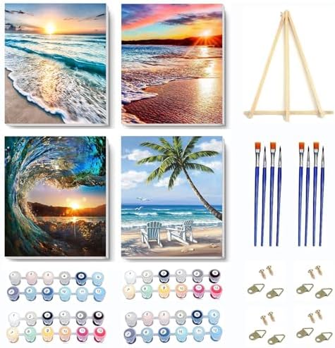 VIGEGU 4 Pack Paint by Numbers Kit for Adults Framed Canvas with Wooden by VIGEGU