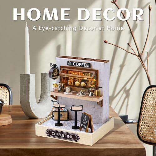 Kisoy Dollhouse Miniature with Furniture Kit, DIY 3D Wooden DIY House Kit with Dust Cover,Handmade Tiny House Toys for Teens Adults Gift (Coffee Time) - Image 5