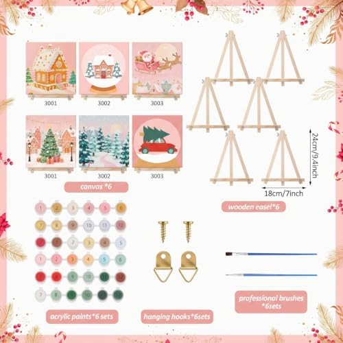 YooNotee 12 Pack Valentine's Day Paint by Numbers Kit - 8 x 8 Inches Pink Themed DIY Canvas with Wooden Display Easel, Brushes and Paints 6 Designs for Adults Family Holiday Decor - Image 2