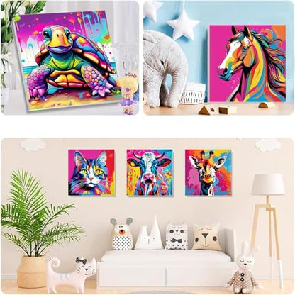 6 Pack Framed Paint by Numbers Kit for Kids, Horse Color By Number Painting Kits for Kids Ages 4-8-12, Cat Giraffe Paint by Numbers Canvas Children DIY Paints by Number Kits for Beginners 8x8Inch - Image 3