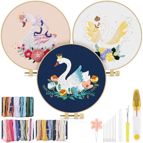TINDTOP 3 Pack Embroidery Kit for Adult Beginners, Embroidery DIY Starter Kit, with Swan Stamped Patterns, Hoop, Tools, Colorful Threads with Needles, Instructions by TINDTOP