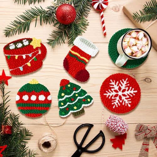WATINC Christmas Punch Needle Coaster Kit - 23Pcs Easy Art Work Decor Craft Supply for Beginners, DIY Set of 6 Unique Pattern Tufted Pads with Adhesive Felt Yarn Tools Coaster Holder Instruction (Red) - Image 4