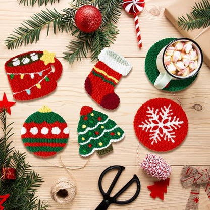 WATINC Christmas Punch Needle Coaster Kit - 23Pcs Easy Art Work Decor Craft Supply for Beginners, DIY Set of 6 Unique Pattern Tufted Pads with Adhesive Felt Yarn Tools Coaster Holder Instruction (Red) - Image 4