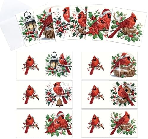 6pcs Christmas Diamond Painting Greeting Card with envelopes, DIY Red Bird Northern Cardinal Diamond Art Greeting Card for Blessing and Wish Special Shaped Arts Crafts for Birthday Thanksgiving Day by MVVMTOP