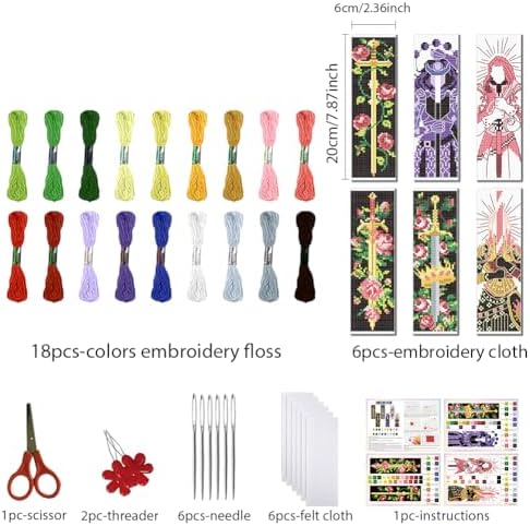 FREEBLOSS 6 Set Cross Stitch Bookmark Kits Sword & Rose Pattern Stamped Cross Stitch Kit 11CT Embroidery Kit with Instructions for Adults Beginners 20x6cm/8x2.4inch - Image 2