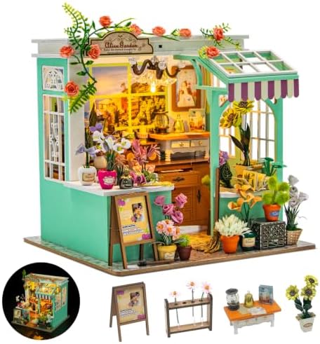 DIY Miniature House Kit, Alice Garden Tiny 3D Wooden House Making Set for Adults, Dollhouse Bookshelf Decor with Furniture & LED Lights, Christmas Birthday Greenhouse Craft Gift for Friend by Hallisun