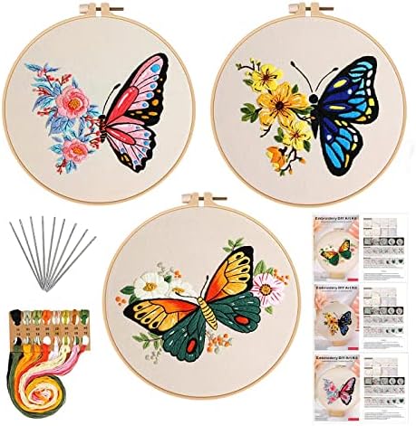 GLTAYLMY 3 Pack Embroidery Kits with Butterfly Pattern for Beginner Adults,Cross Stitch Kits with 1 Plastic Embroidery Hoops,Needles and Color Threads,Needlepoint Kit for Adults by GLTAYLMYFortuneSmilesonJoyfulTradingwithEveryone
