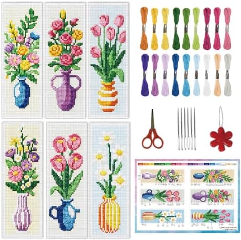 INFUNLY 6PCS Cross Stitch Bookmark Kit for Adults Flower Vase Stamped Embroidery Bookmark Kit with Backing Felt Floss Instruction for Book Lovers Readers by INFUNLY